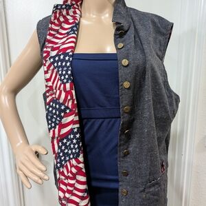 UPCYCLED Navy Patriotic Vest Amer Flag Print Lined Handmade Metal Buttons Pocket